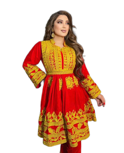 Ensemble robe brodée en coton rouge à manches longues et motifs dorés pour femmes, style pakistanais, vêtements d'hiver - Product Image 5