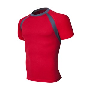 T-shirt de sport pour homme, manches courtes, rouge, séchage rapide, coupe ajustée, col rond, tricoté en polyester, couleur unie, vêtements de sport - Product Image 3