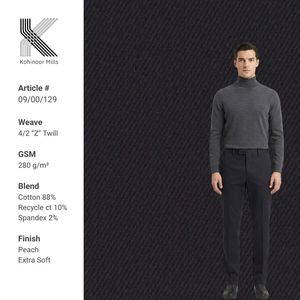 2026 Eco-Friendly Cotton Recycled Cotton Spandex Stretch Twill Fabric 280GSM 4/2 Z Peach Finish Woven Textile for Men's Pants - Product Image 1