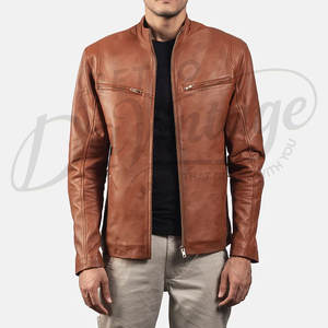 เสื้อแจ็คเก็ตหนังแท้สีน้ำตาลแทนพรีเมียมสำหรับผู้ชาย ทรงเข้ารูป คอตั้ง ซิปคลาสสิก สไตล์นักขี่มอเตอร์ไซค์ เสื้อคลุมสตรีทแวร์ - Product Image 4