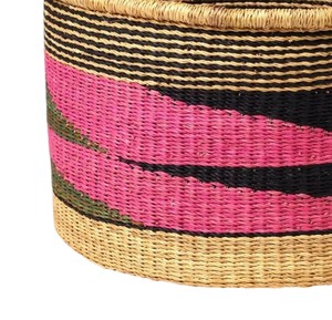 <b>Large</b> Capacity Woven <b>Storage</b> <b>Basket</b> with Leather Handles Pink Black Wave Detail Handcrafted Seagrass Bin for Blankets - Product Image 5