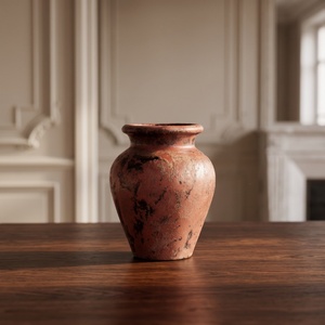 Vase en poterie rustique vieillie couleur orange brûlé, pot à fleurs vintage sans poignée pour la décoration de maison de campagne - Product Image 3