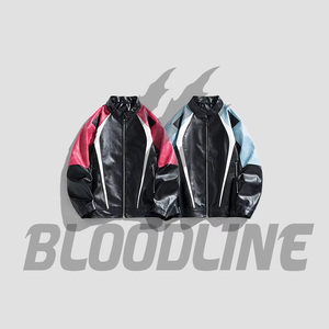 Men's Black Red PU Leather Moto <b>Biker</b> <b>Jacket</b> Stand Collar Zipper Closure Color Blocking Autumn Wear - Product Image 2