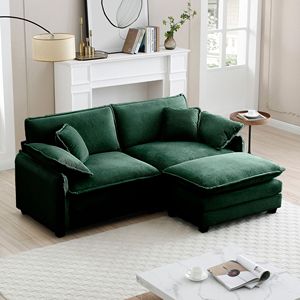 Divano a L a due posti in velluto a coste verde con pouf per piccoli spazi abitativi - Product Image 1