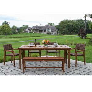 Conjunto de Mesa de Jardín de Teca con Sillas Tejidas y Banco, Diseño Contemporáneo, Muebles de Madera Maciza Duraderos, Impresión a Todo Color para Patio - Product Image 1