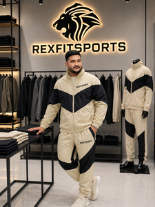 REXFIT SPORTS 2026 Ensemble de survêtement personnalisé pour homme en nylon beige et noir, veste zippée à manches courtes et short, deux pièces, léger - Product Image 5
