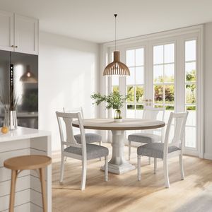 Set tavolo da pranzo rotondo Tannen da 59 pollici, 5 pezzi, bianco e grigio, per la sala da pranzo di casa - Product Image 1