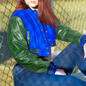 Chaqueta Corta Estilo Universitaria para Mujer, Color Azul Rey y Verde, Estilo Bomber, Mangas de Cuero Sintético, Ropa Exterior Informal, Moda Femenina - Product Image 1