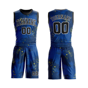 Custom Sublimated Basketball Uniform Sets Blue Yellow Print Moisture Wicking 100% Polyester Unisex <b>Athletic</b> Wear Sleeveless Kits - Product Image 1