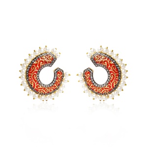 Red Enamel Kundan <b>Dangle</b> <b>Earrings</b> <b>Gold</b> Plated Pearl Handcrafted Bell Shape Vintage Indian Statement <b>Earrings</b> - Product Image 2
