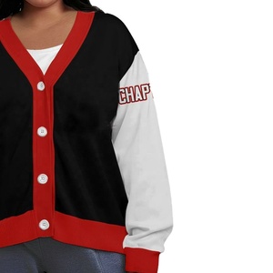 Suéter Cárdigan Universitario para Mujer, Blanco y Negro, con Ribete Rojo, Cuello en V, Venta al Por Mayor, Cárdigan Personalizado para Damas - Product Image 3