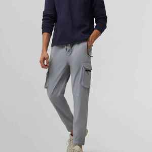 Pantalon de survêtement cargo gris pour homme, taille élastique, plusieurs poches, décontracté, pour l'automne, en coton tricoté mi-lourd, respirant, 100 % coton uni - Product Image 3