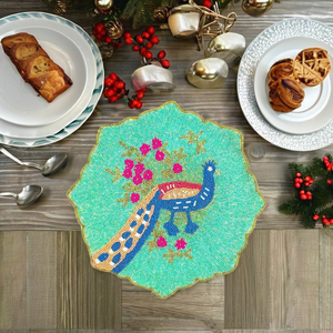 Peacock Design Pattern Wedding Christmas Decoration Family Gatherings Parties Glass Beaded Polyester Mats Pads Dining <b>Table</b> - Product Image 1
