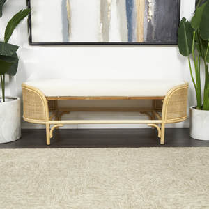 Aubie Brown Handmade Rattan Oval <b>Bench</b> with White Fabric <b>Cushion</b> Stylish Living Room Chair - Product Image 2