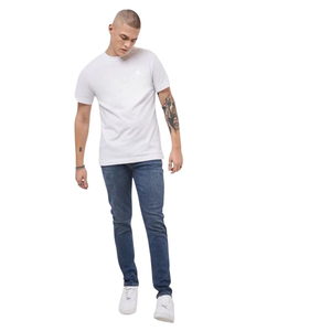 Jean slim homme en denim bleu foncé extensible, taille mi-haute, coupe affinée, style décontracté chic et polyvalent - Product Image 1