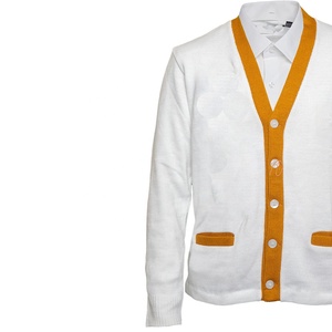 University Fraternities <b>Men</b> wholesale <b>Knitted</b> <b>Cardigan</b> Sweater White Gold Mustard Varsity V-Neck OEM Striped Sleeve sweater - Product Image 4