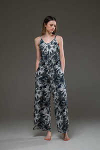 Combinaison noire à imprimé floral sans manches pour femme, décontractée, style bohème, à jambes larges, légère, pour les vacances - Product Image 3