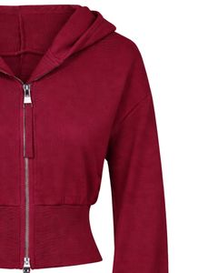 Womens Wine Red <b>Cropped</b> <b>Zip</b> <b>Up</b> Hoodie Slim Fit Long Sleeve Casual Streetwear Cotton Fleece Sweatshirt Custom Logo ODM Factory - Product Image 5