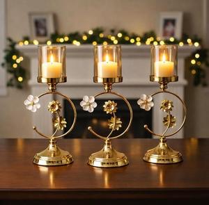 Golden Brass <b>Candelabra</b> with Amber Glass Candle Holders for Home Decoration - Product Image 1