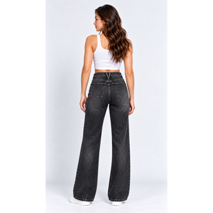 Jeans de mujer de cintura alta con corte de bota y presilla central con diseño de horquilla, color negro lavado - Venta al por mayor - Product Image 3