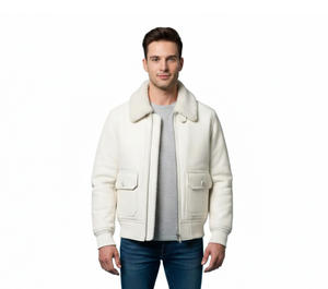 Chaqueta de Cuero Personalizada con Cuello de Piel de Oveja Blanca Genuina, Hecha a Mano, de Calidad Clásica, Corte Moderno, Cuero de Primera Calidad - Product Image 1