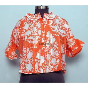 Top Vintage Indian Style Sweet Floral Print 100% Cotton Washable Casual Feminine Touch Frilled O-Neck Regular Half Sleeve <b>Tunic</b> - Product Image 1