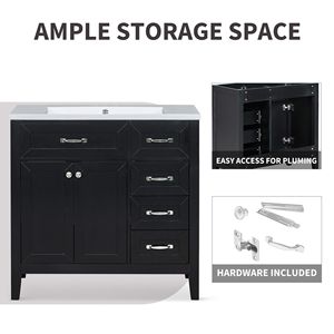 Mobile da bagno con struttura solida da 36 pollici con cassetti in MDF nero. Solo Base per Mobile Senza Lavello - Product Image 4