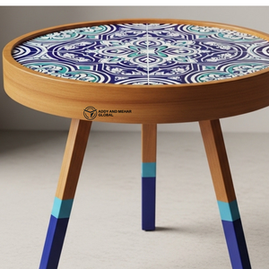 Tabouret en bois bleu géométrique design – Tabouret d'appoint trépied contemporain, siège rond en bois pour salon - Product Image 5