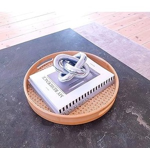 Durable Bamboo Serving Tray with <b>Rattan</b> Mesh Round Tray for Kitchen <b>Dining</b> <b>Table</b> - Product Image 6