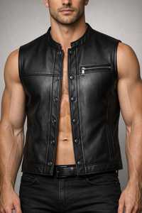 <b>Men</b>’s Black Leather Slim Fit Biker Vest Western Style Waistcoat with Snap Button Front Classic Motorcycle Fashion Vest - Product Image 4