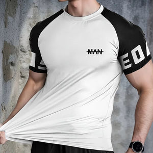 Haut d'entraînement de gymnastique d'été pour homme coupe ajustée T-Shirt en maille respirante à séchage rapide Style sportif décontracté Contraste Noir Blanc Imprimé Mince - Product Image 1