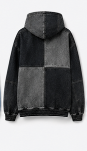 Sweat à capuche en jean pour homme, design patchwork avec poche kangourou, coupe classique, style automne - Product Image 4