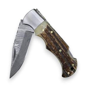 Cuchillo Plegable de Acero de Damasco con Mango de Asta de Ciervo y Funda de Cuero, para Bolsillo, EDC, Caza, Camping, Soporte OEM Personalizado - Product Image 2