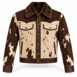 Veste de cowboy pour homme en patchwork de cuir de vachette, style western trucker, avec col en peluche, coupe courte, boutonnée sur le devant, vêtement d'extérieur décontracté urbain et tendance - Product Image 1