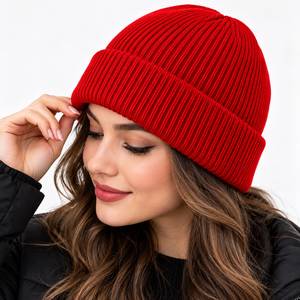 Gorro de Punto Acanalado Rojo Unisex, Color Sólido, Forro de Seda para Invierno, Estilo Casual para Adultos, Uso Diario en la Playa, Circunferencia de Cabeza 56-58CM - Product Image 1