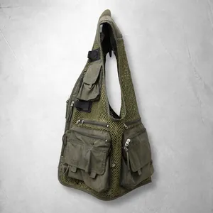 Gilet de travail de pêche en plein air pour hommes, vert olive, maille, multi-poches, gilet tactique de pêche à la mouche avec fermetures éclair, uni, sans logo - Product Image 5