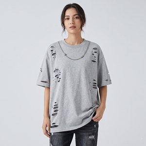 เสื้อยืดโอเวอร์ไซส์สไตล์ดิสเทรสสำหรับผู้หญิง ผ้าฝ้าย 100% ทรงไหล่ตก คอกลม แขนสั้น - Product Image 1