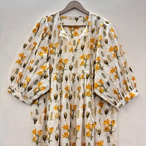 Vestido Casual Midi para Mujer, Tejido 100% Algodón, Estampado Floral, Cuello en V, Corte Holgado, Mangas Abullonadas, Cintura Imperio, Estilo Babydoll - Product Image 4