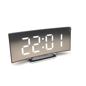 Modern Curved <b>LED</b> Mirror <b>Clock</b> with Silent Alarm Battery Powered Date Display - Product Image 1