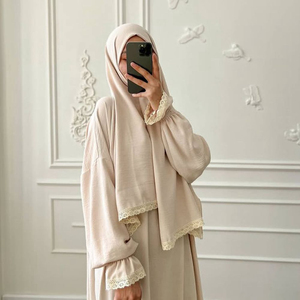 Rizna Approvisionnement d'usine En Gros Premium Qualité Longue Robe Dentelle Garniture Deux Pièces Ensemble Confortable Lâche Élégant Abaya Robe Modeste - Product Image 6