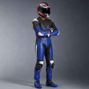 Combinaison de moto homme en PU bleu-noir, col ras du cou, fermeture éclair, coupe ajustée, style motard, imperméable, logo frontal discret, pour l'hiver - Product Image 1