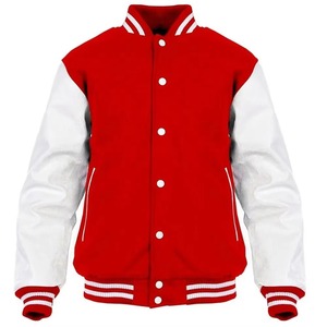 Chaqueta Varsity Roja y Blanca Unisex, Casual, con Mangas de PU, Corte Regular, Cuello Alto, Cierre de Botones, Color Sólido, Resistente al Viento para Invierno - Product Image 1