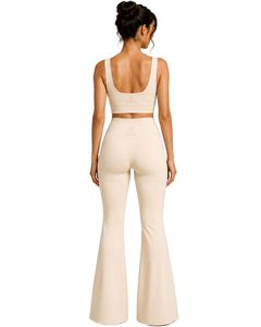 Manufacturer Customized Beige Women <b>Flared</b> Yoga Set Embroidered Sports Bra And High Waist Bell Bottom <b>Leggings</b> Activewear Set - Product Image 2