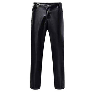 Pantalon décontracté pour homme en cuir enduit noir imperméable, coupe droite, taille haute, avec cordon de serrage, poids moyen, pour l'hiver - Product Image 1