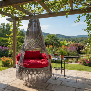 72x40 inch Boho Macramé <b>Hammock</b> Swing <b>Chair</b> Cotton Hanging Swing Seat Indoor Outdoor Lounge <b>Chair</b> With Cushion Grey Red - Product Image 6