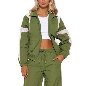 Survêtement vert pour femme, manches longues, col montant, coupe ample sportive, respirant, en polyester, tenue décontractée de printemps pour le jogging - Product Image 3
