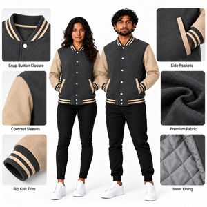 Veste universitaire unisexe grise, couleur unie, fermeture boutonnée, style décontracté, coupe classique, vêtement d'extérieur en laine, pour l'automne, respirante - Product Image 5