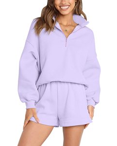 Ensemble deux pièces en molleton de coton uni pour femme, col montant, fermeture éclair, sweat-shirt et short, coupe régulière, décontracté, respirant, printemps-été - Product Image 1
