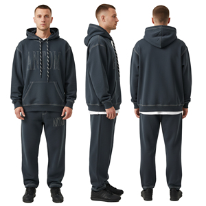 Custom <b>Mens</b> Hooded <b>Tracksuit</b> Solid <b>Green</b> Cotton Fleece Sweatshirt and Pants Set Casual Streetwear Full Length Drawstring Closure - Product Image 5
