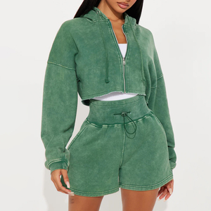 Conjunto de Sudadera con Capucha y Pantalones Cortos de Forro Polar para Mujer, Estilo Casual, Lavado Ácido, con Cremallera, de Secado Rápido, Tallas Grandes, para Invierno, Estilo Urbano, Personalizado de Fábrica - Product Image 2